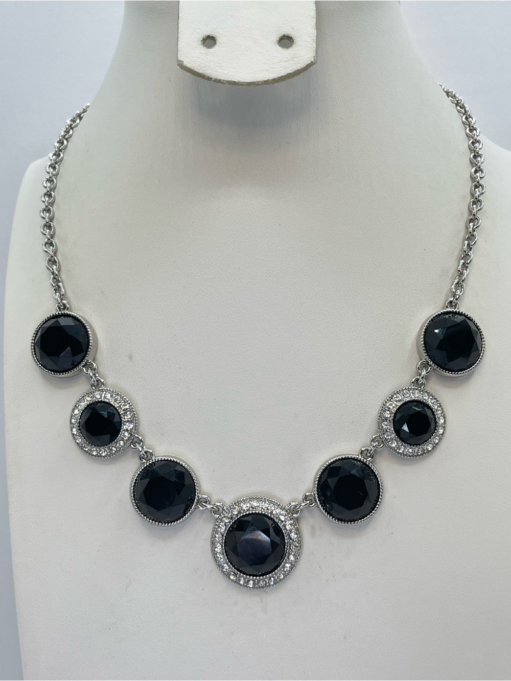Monet Silver Tone Black Acrylic Crystal Halo Statement Necklace